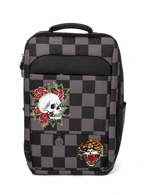 Ed Hardy Black & Gray Checkered Skull Patch Backpack